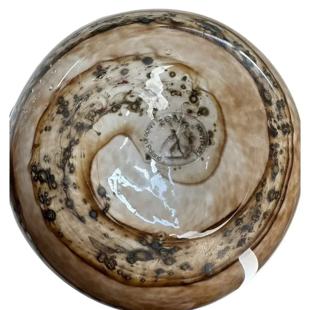 Vintage Zorza Poland Hand Blown Art Glass Handkerchief Vase Brown White Ruffle